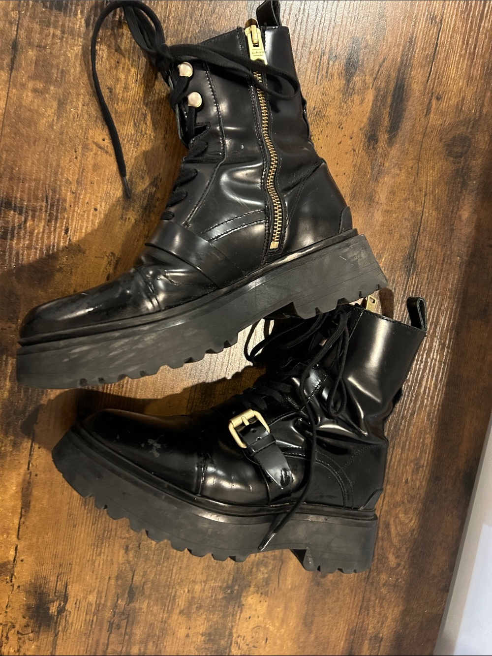 AllSaints Black Patent Lace-Up Combat Boots with Gold Buckles - Picture 3 of 8